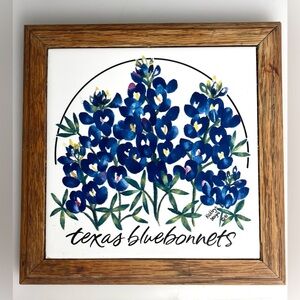 Vtg 1995 Kathryn Designs TEXAS BLUEBONNETS Ceramic Tile TRIVET Solid Oak Frame